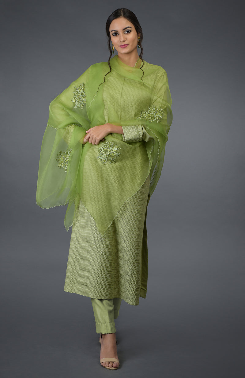 Pista Green Pintuck Silk Kurta Set with Dupatta