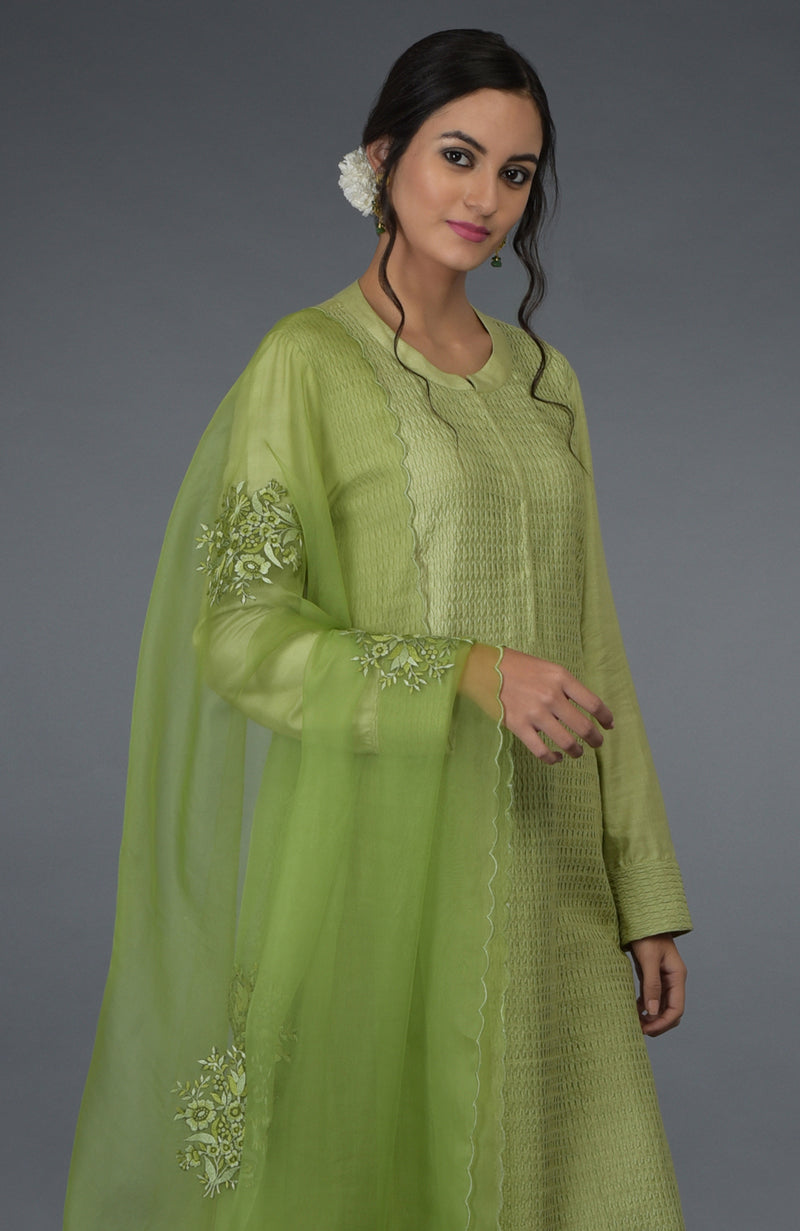 Pista Green Pintuck Silk Kurta Set with Dupatta