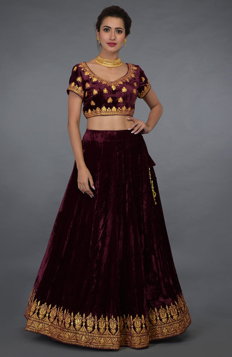 Burgundy Kashmiri Tilla Embroidered Lehenga Outfit