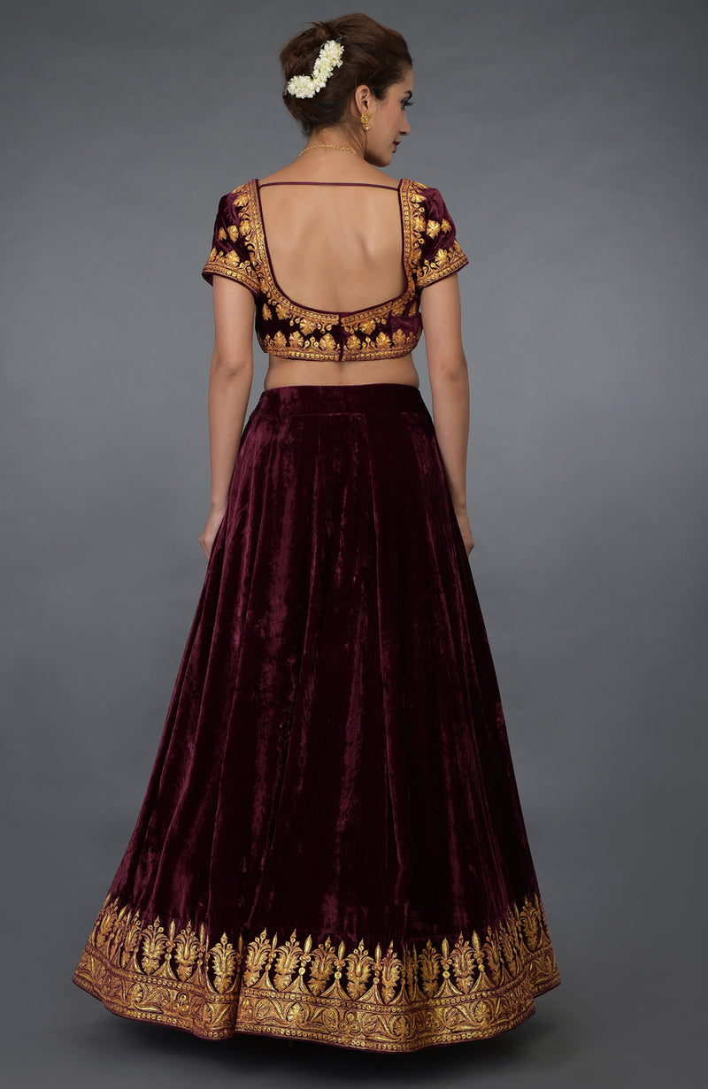 Burgundy Kashmiri Tilla Embroidered Lehenga Outfit