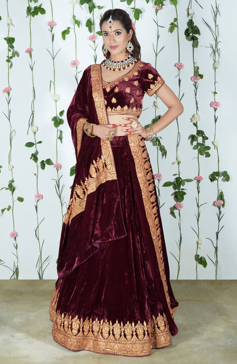 Burgundy Kashmiri Tilla Embroidered Lehenga Outfit