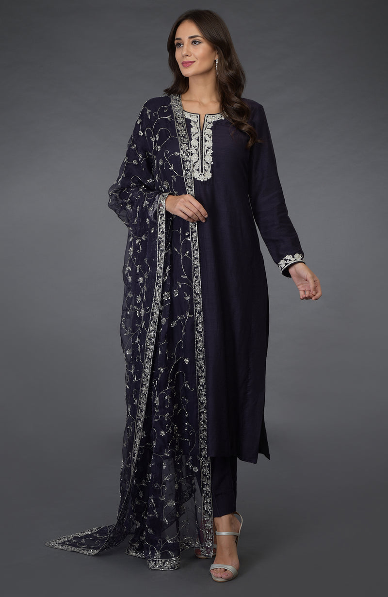 Eclipse Blue- Silver Zari Beads & Sequin Embroidered Suit