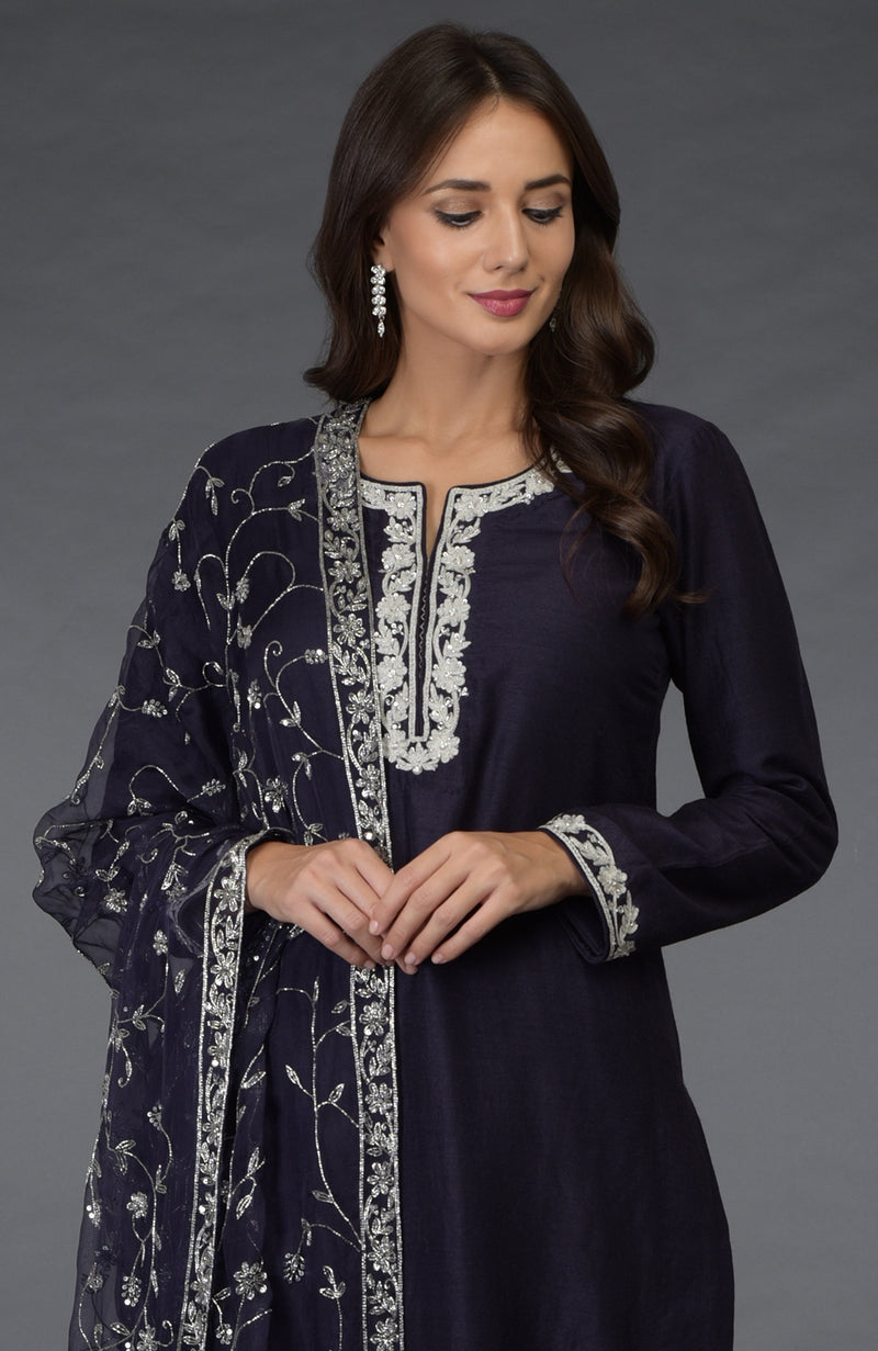 Eclipse Blue- Silver Zari Beads & Sequin Embroidered Suit