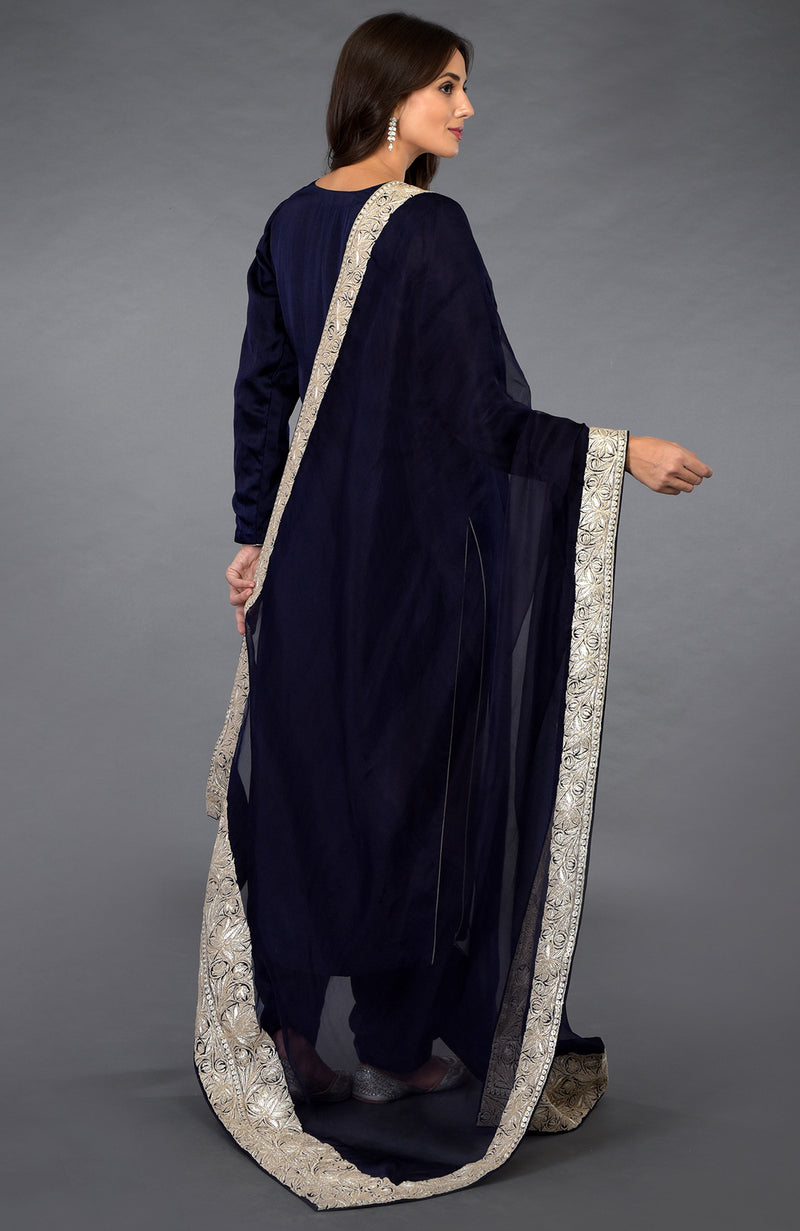 Midnight Blue Kashmiri Tilla Embroidered Salwar Pants Suit