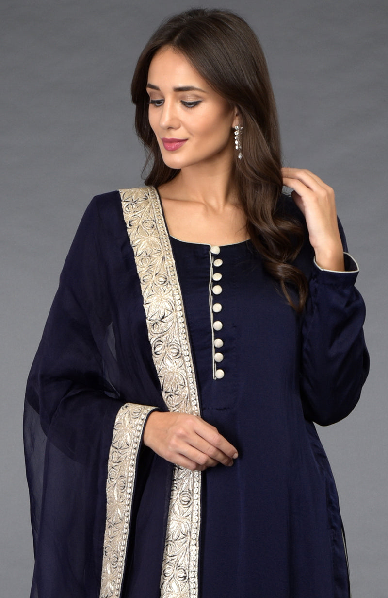 Midnight Blue Kashmiri Tilla Embroidered Salwar Pants Suit