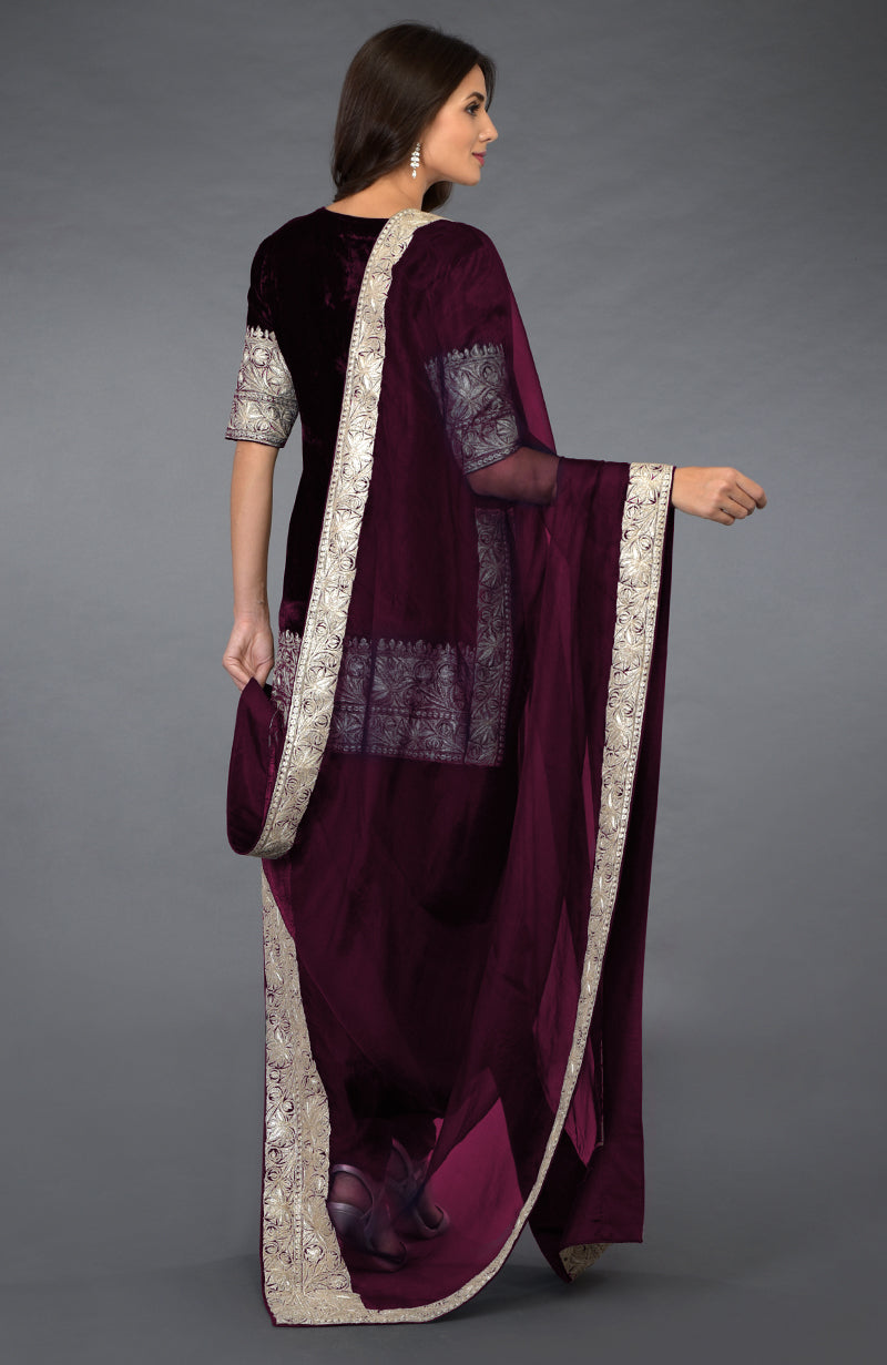 Burgundy Kashmiri Tilla Embroidered Dhoti Pants Suit