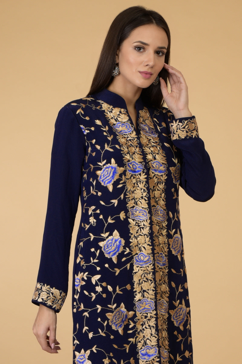 Midnight Blue Parsi Gara Jacket Set