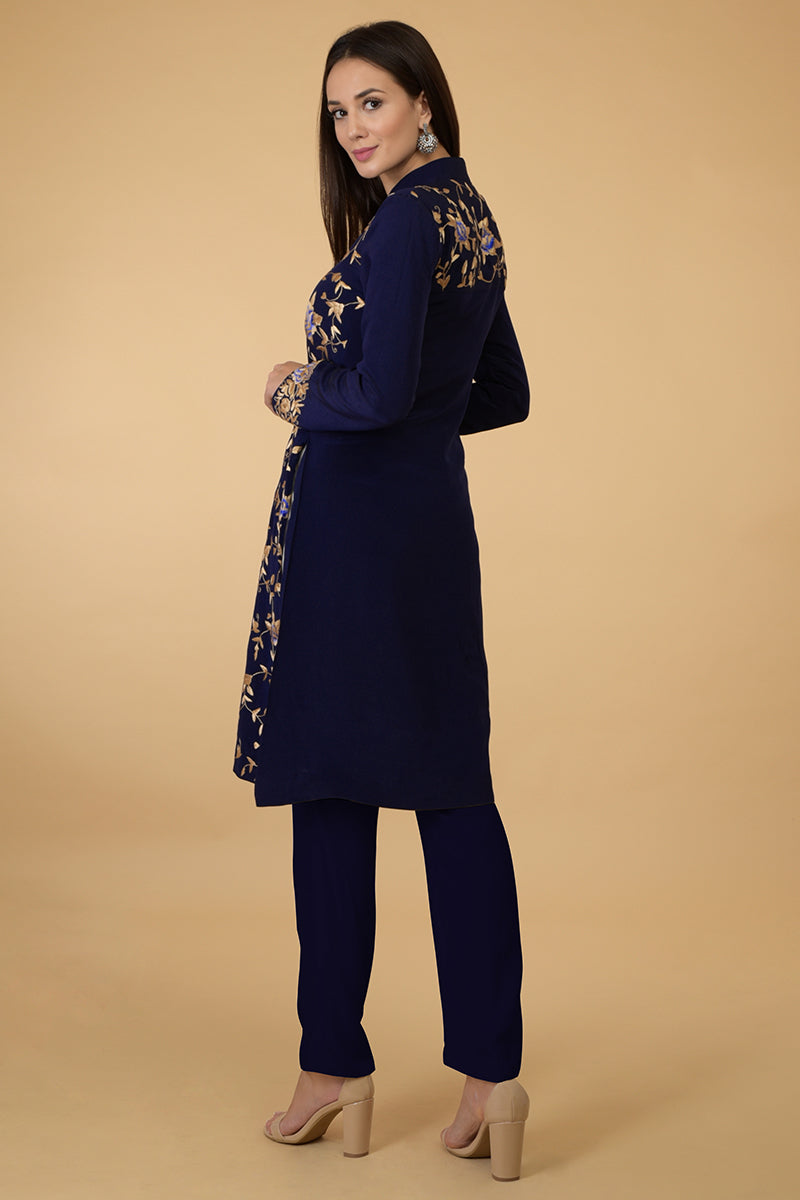 Midnight Blue Parsi Gara Jacket Set