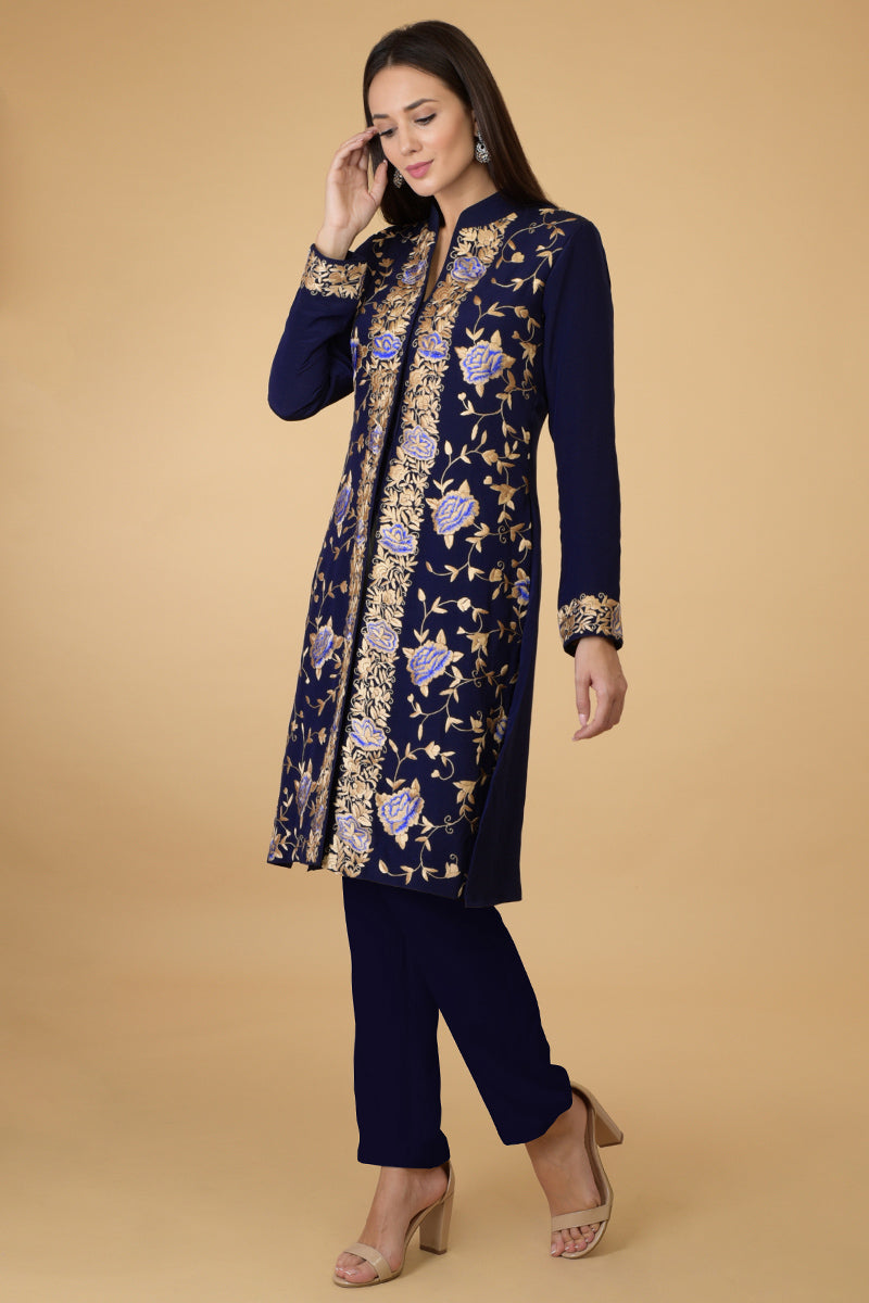 Midnight Blue Parsi Gara Jacket Set