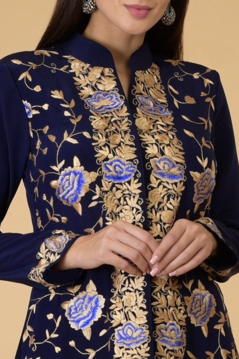 Midnight Blue Parsi Gara Jacket Set