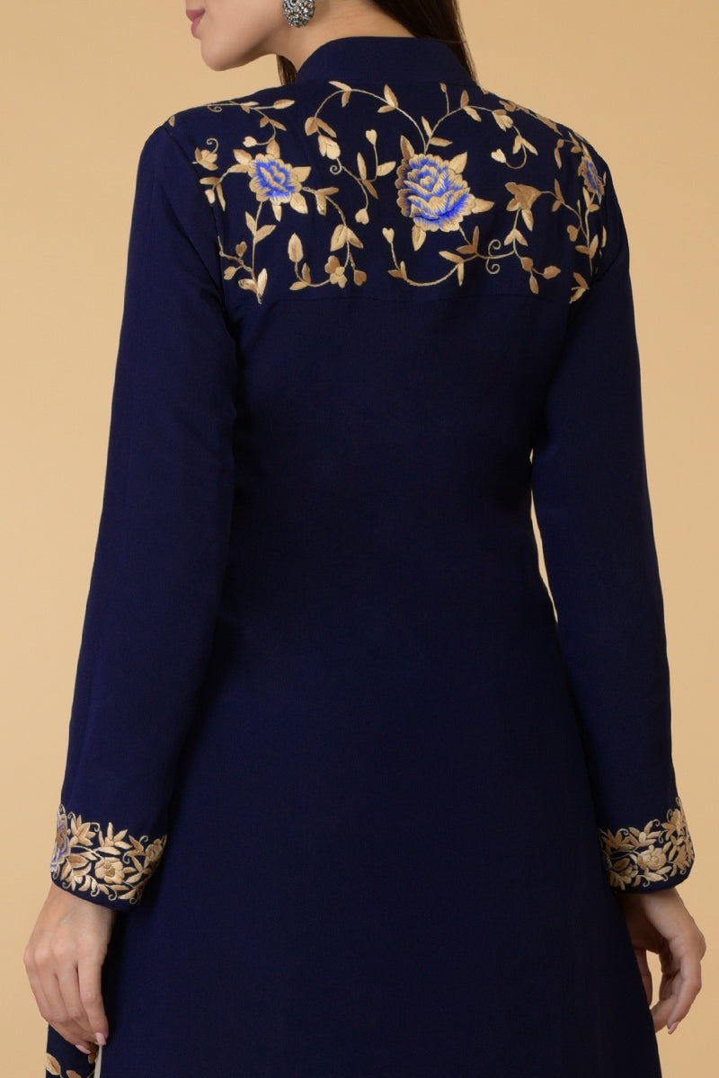 Midnight Blue Parsi Gara Jacket Set