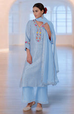 Cerulean Blue Gota & Parsi Gara Embroidered Silk Linen Suit