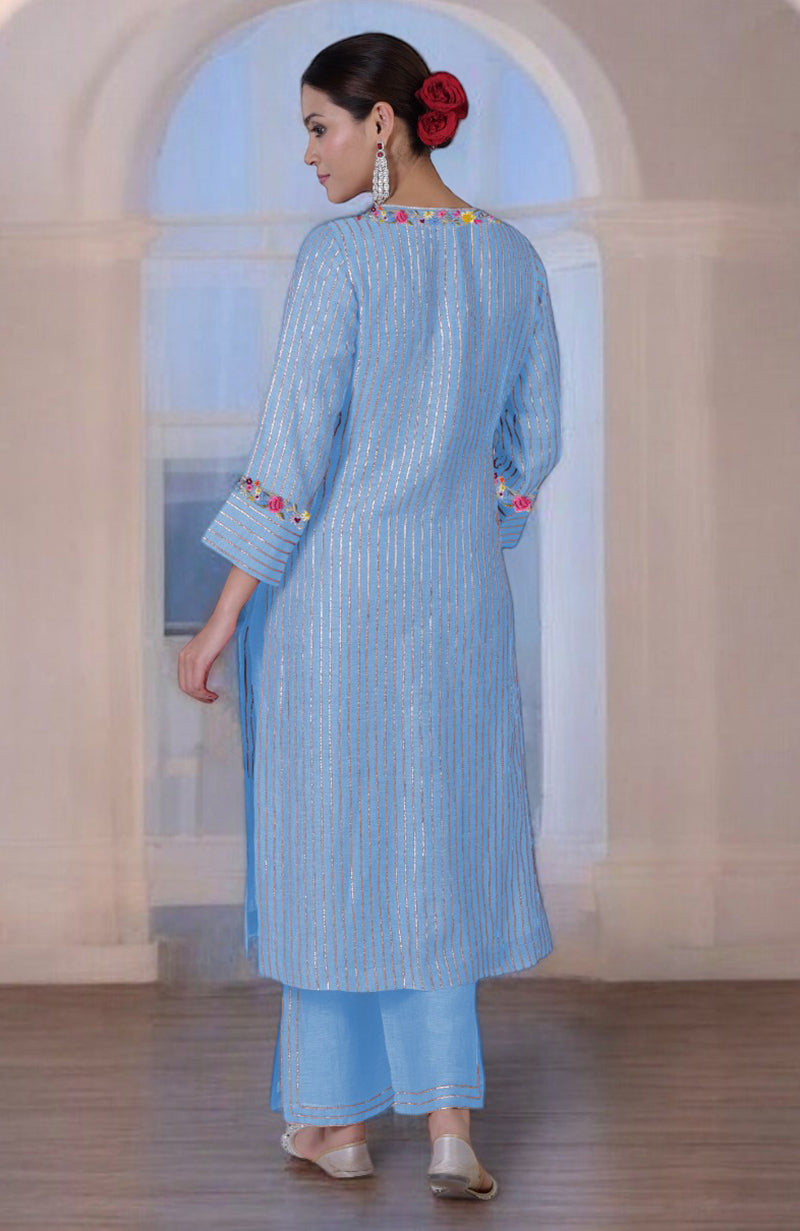 Cerulean Blue Gota & Parsi Gara Embroidered Silk Linen Suit