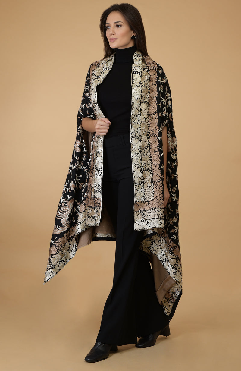 Black-Beige Parsi Gara Pure Pashmina Shawl Cape