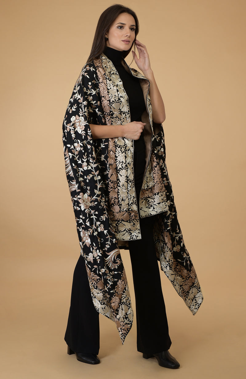 Black-Beige Parsi Gara Pure Pashmina Shawl Cape