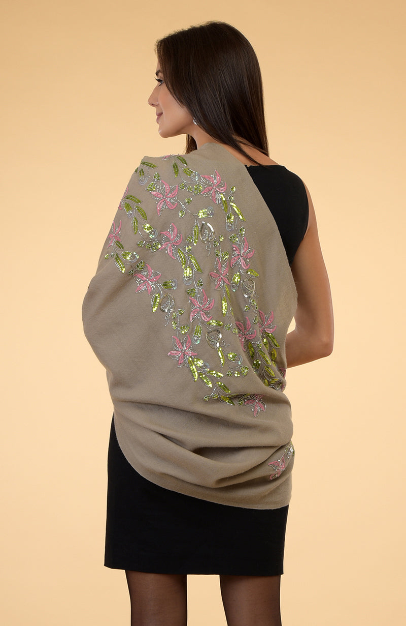 Beige Beads & Sequin Hand Embroidered Pure Cashmere Stole