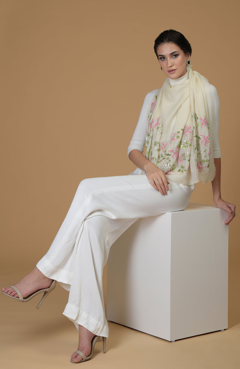 Ivory Beads & Sequin Hand Embroidered Pure Cashmere Stole