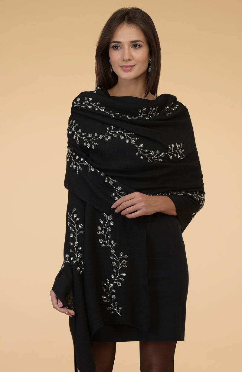 Black Beads & Sequin Hand Embroidered Pure Cashmere Stole