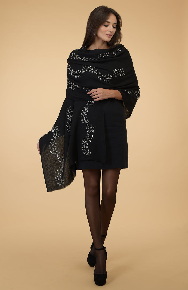 Black Beads & Sequin Hand Embroidered Pure Cashmere Stole