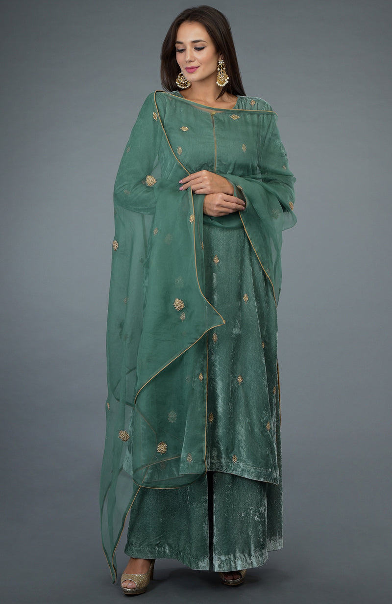 Regal Jade Zardozi Hand Embroidered Silk Velvet Suit