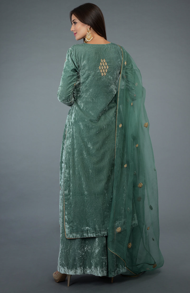 Regal Jade Zardozi Hand Embroidered Silk Velvet Suit