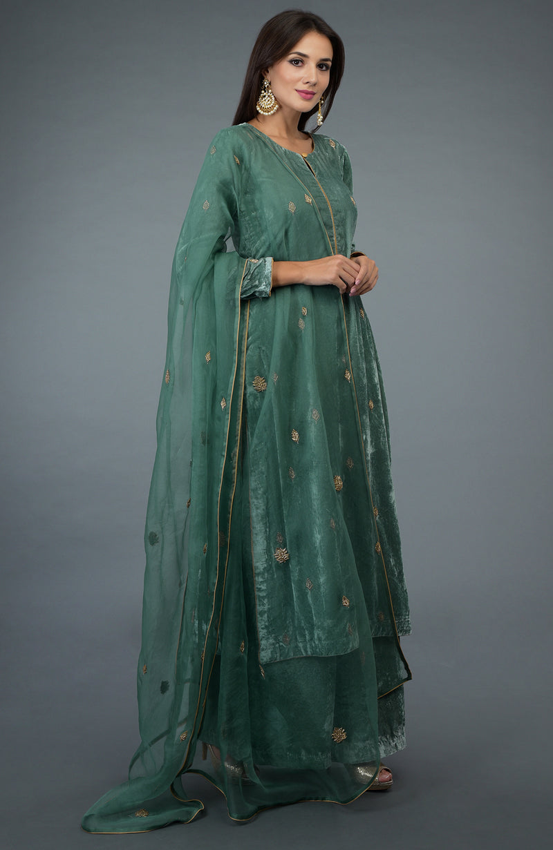 Regal Jade Zardozi Hand Embroidered Silk Velvet Suit