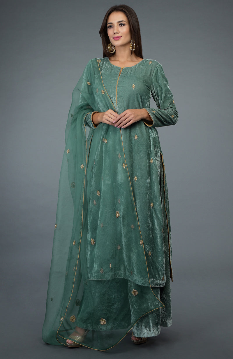 Regal Jade Zardozi Hand Embroidered Silk Velvet Suit