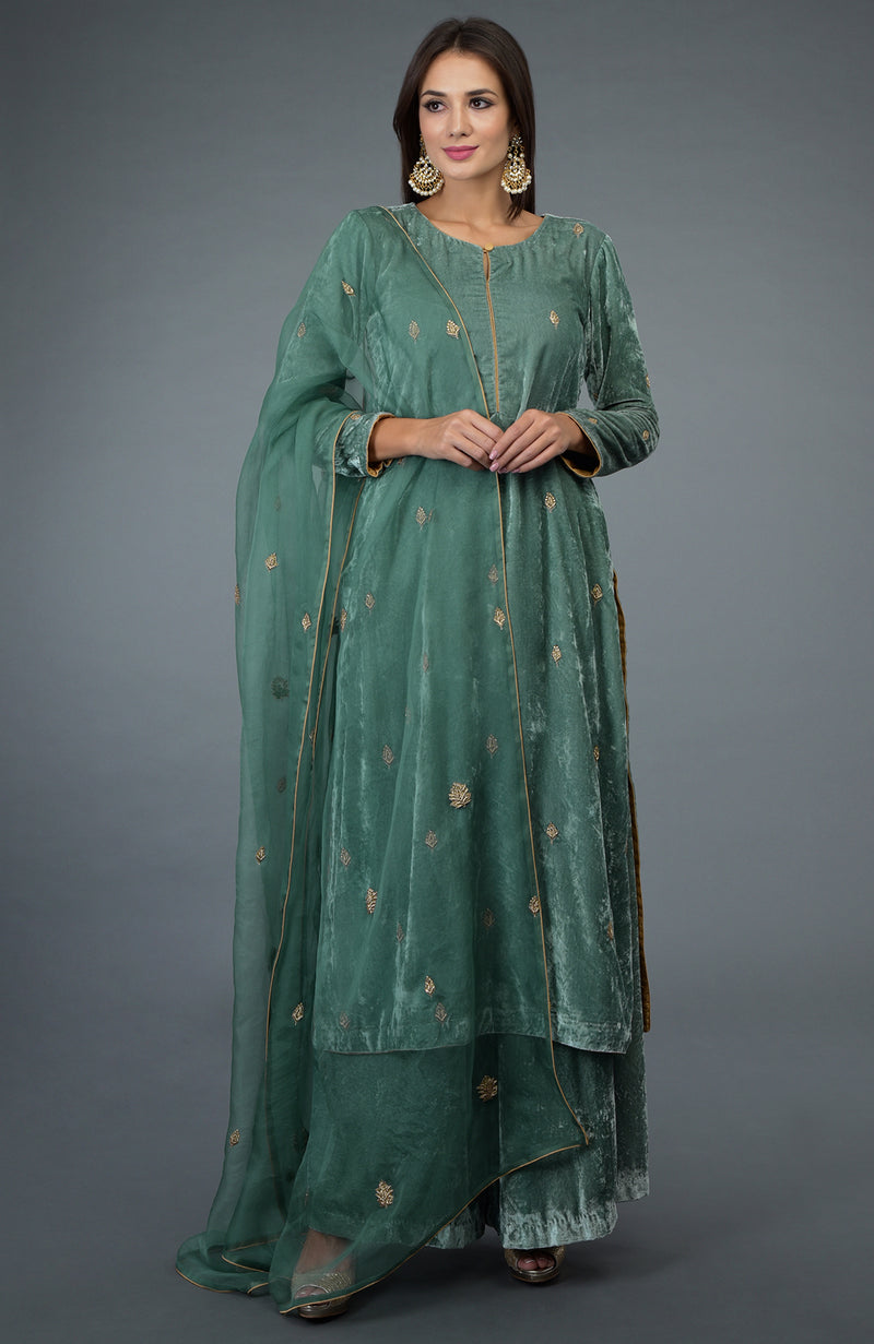 Regal Jade Zardozi Hand Embroidered Silk Velvet Suit