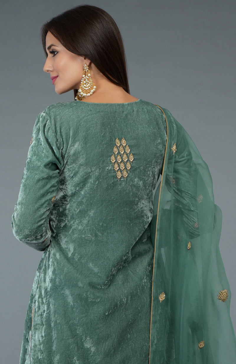 Regal Jade Zardozi Hand Embroidered Silk Velvet Suit