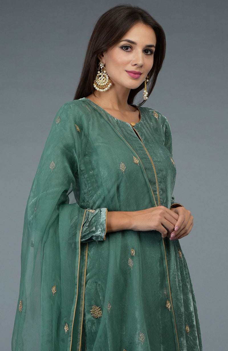 Regal Jade Zardozi Hand Embroidered Silk Velvet Suit