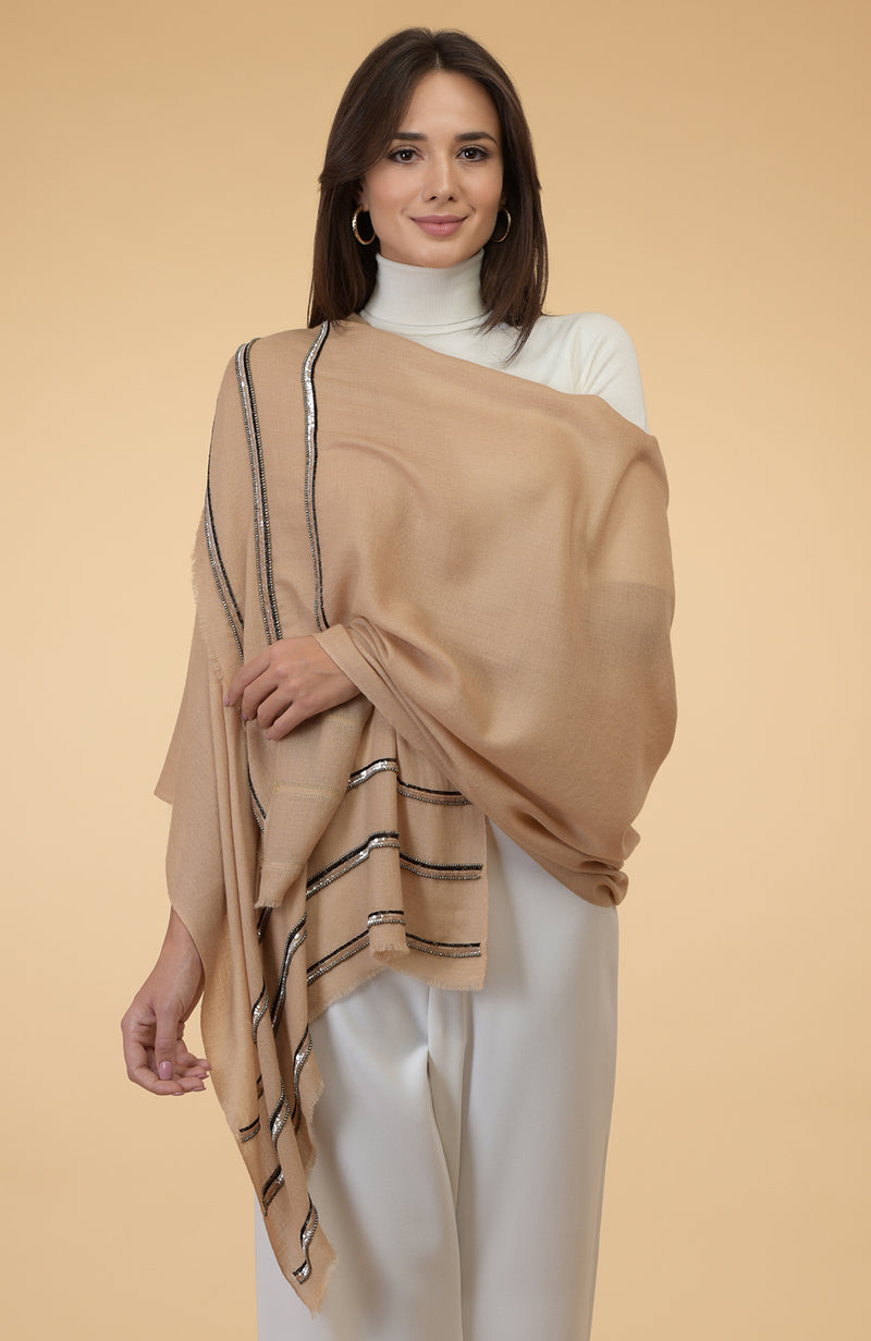 Camel Beige Beads & Sequin Hand Embroidered Pure Cashmere Stole