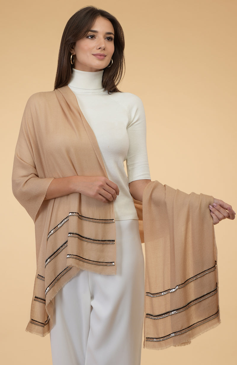 Camel Beige Beads & Sequin Hand Embroidered Pure Cashmere Stole