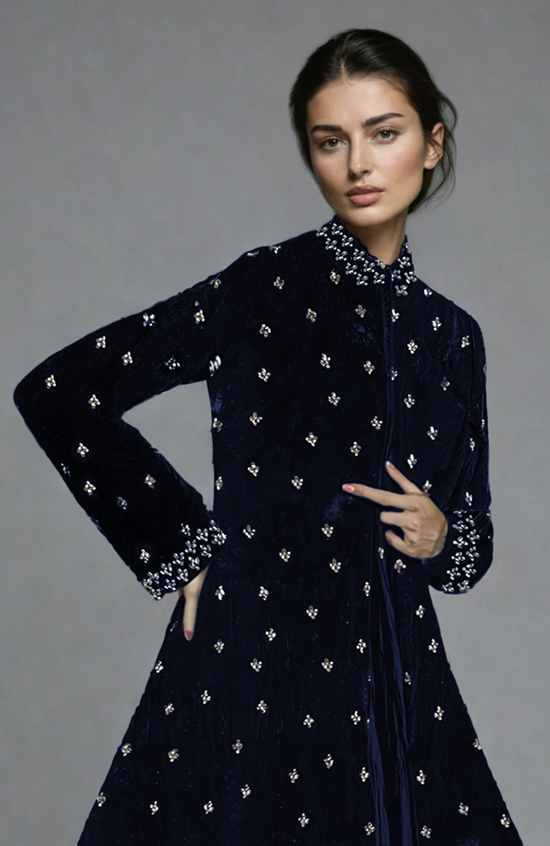 Noor Midnight Blue Swarovski Crystal Embroidered Silk-Velvet Jacket Set