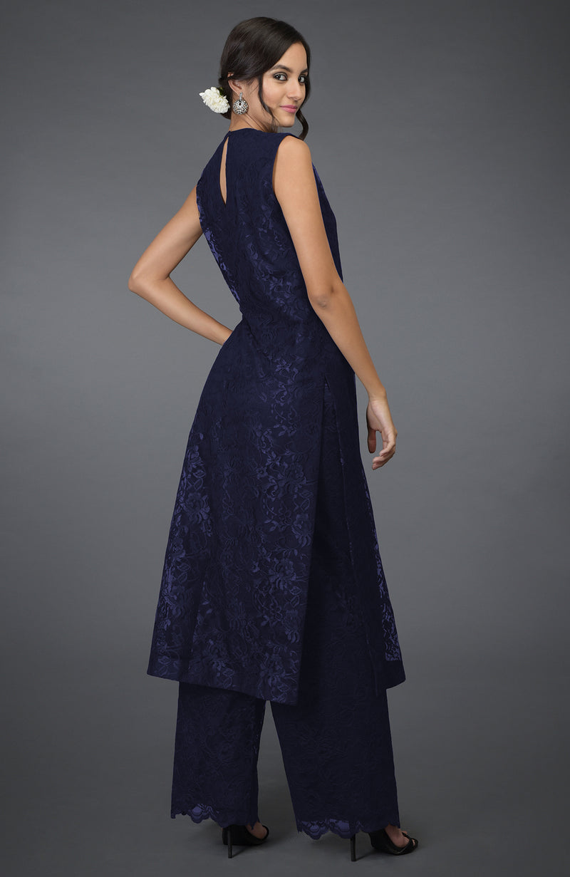 Eclipse Blue Lace Tunic Kurta with Wide Leg Pants