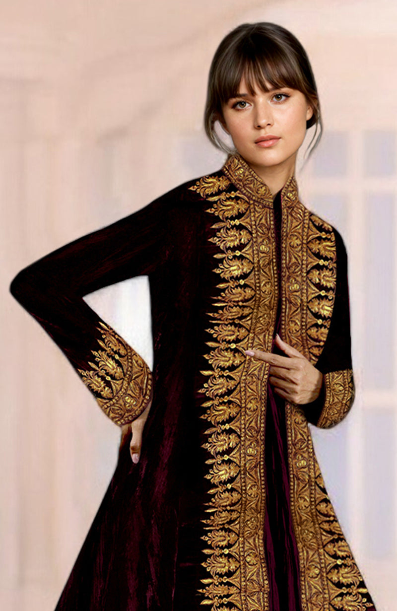 Noor Maroon Kashmiri Tilla Embroidered Silk Velvet Jacket Set