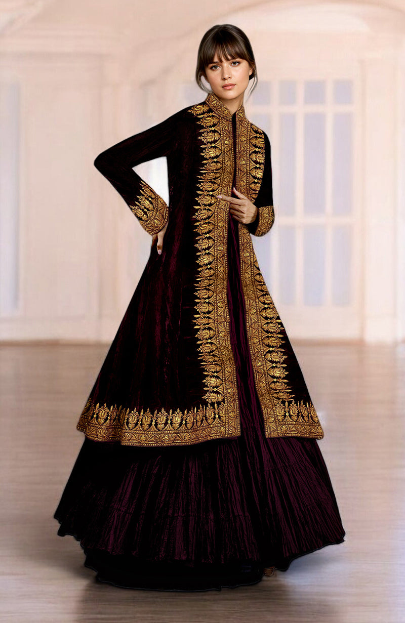 Noor Maroon Kashmiri Tilla Embroidered Silk Velvet Jacket Set