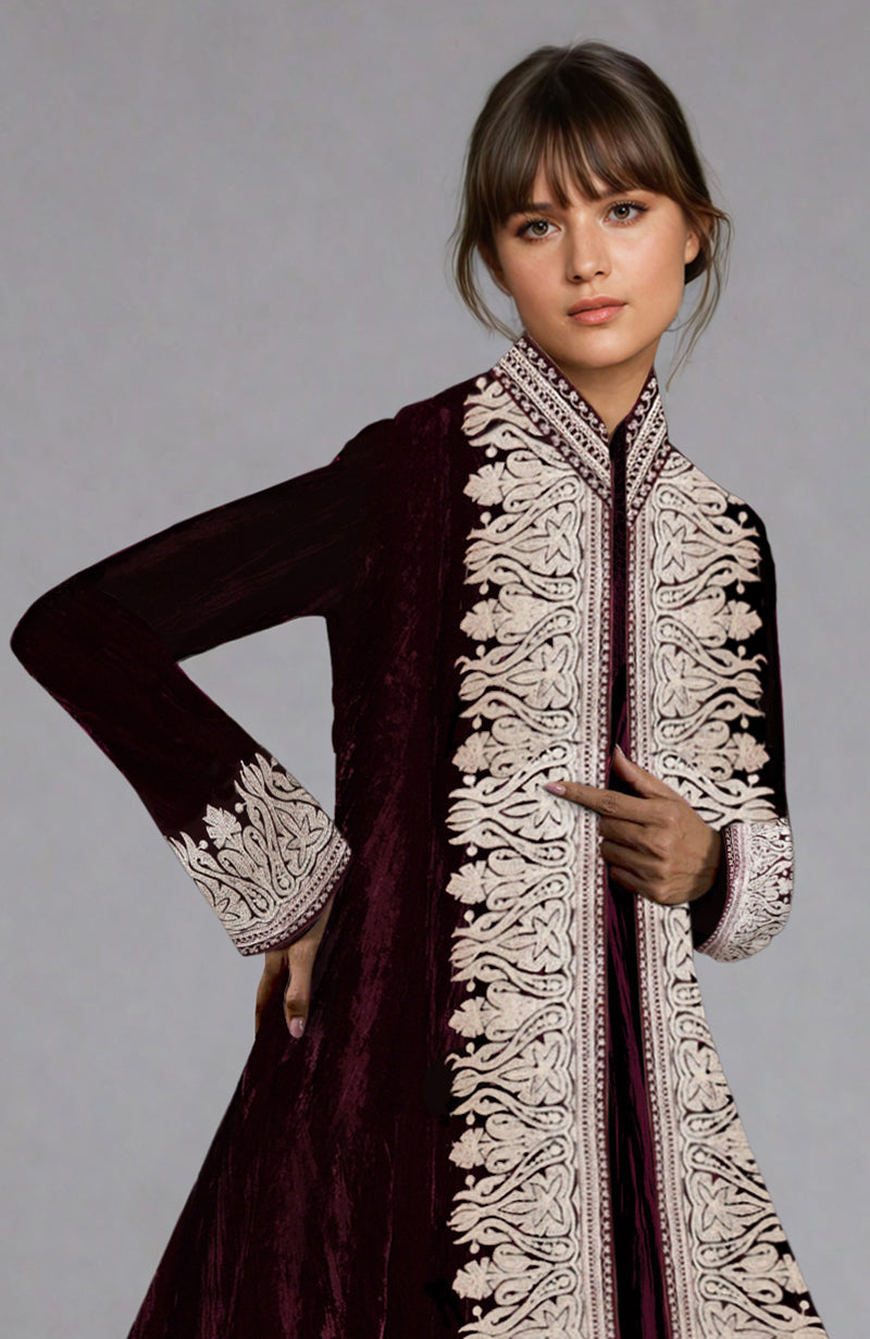 Noor Maroon Kashmiri Silver Tilla  Aari Embroidered Silk Velvet Jacket Set