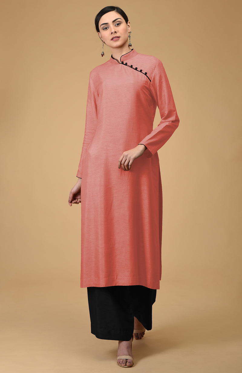 Terracotta-Black Mandarin Collared Kurta Set