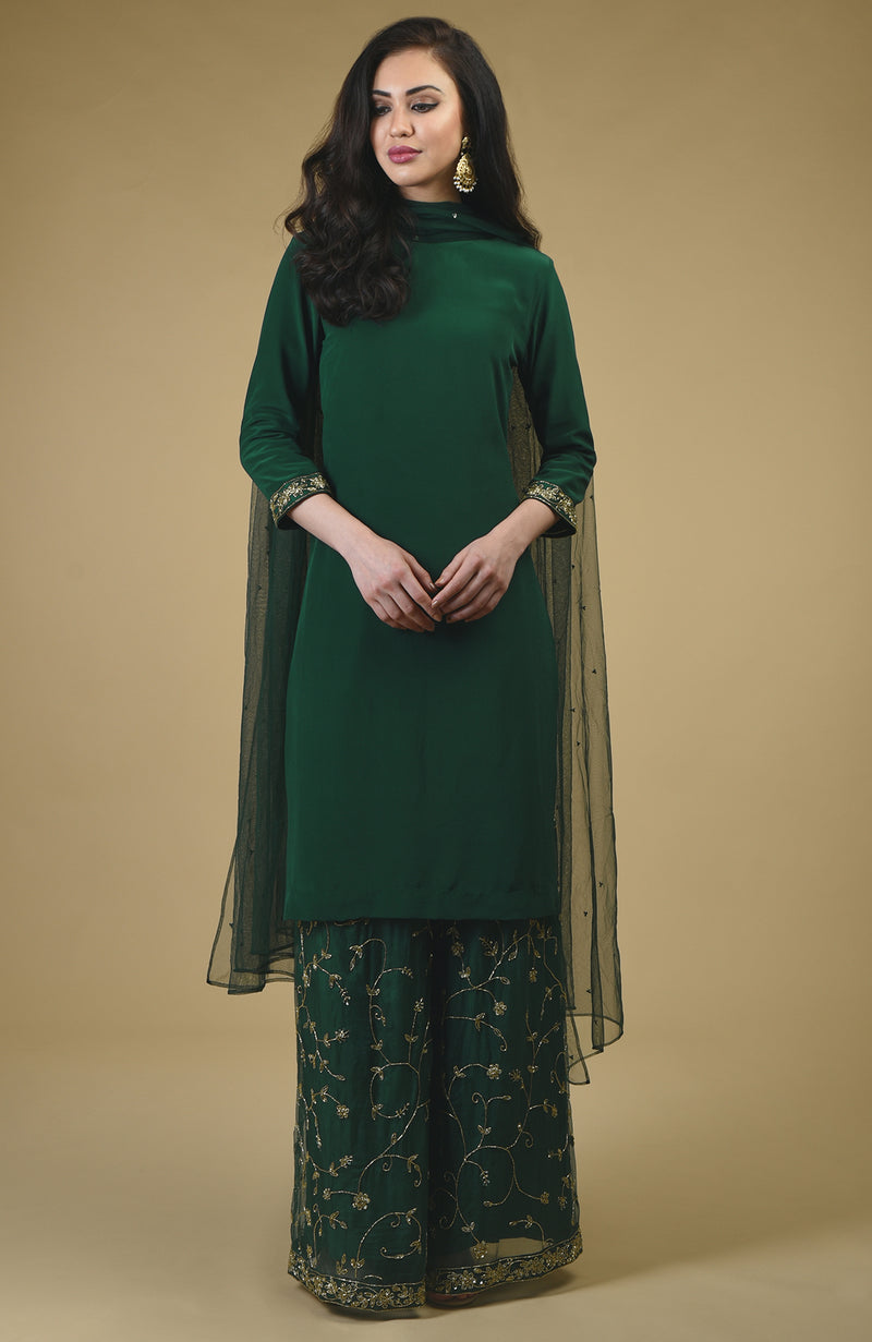 Emerald Green Beads Zardozi Hand Embroidered Sharara Suit