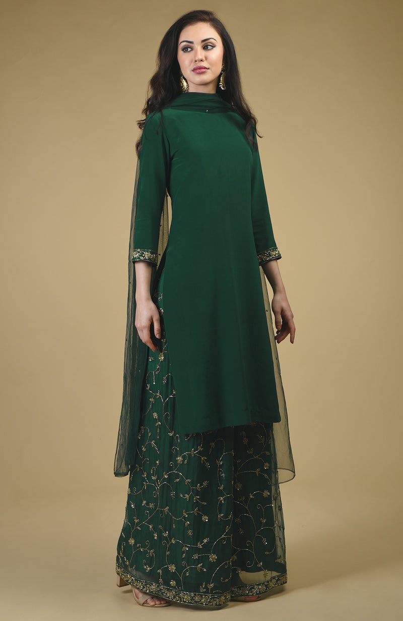 Emerald Green Beads Zardozi Hand Embroidered Sharara Suit