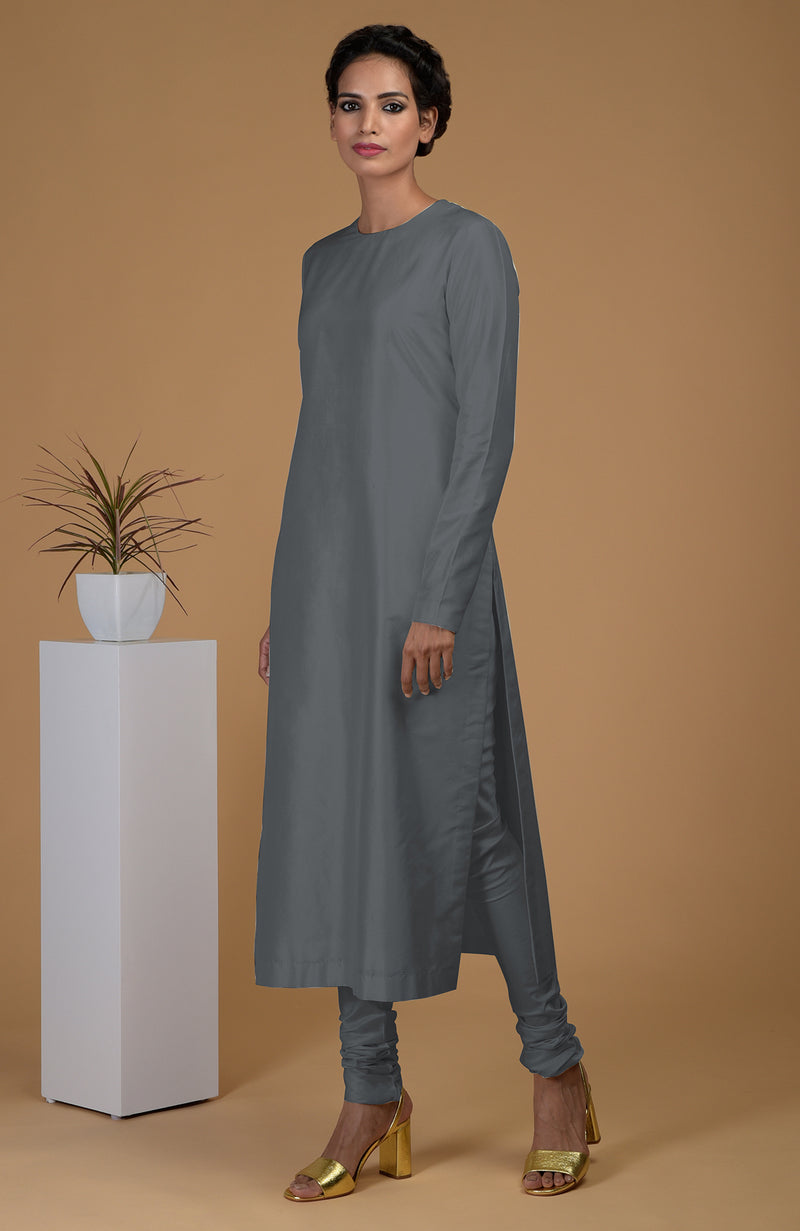 Grey Pure Matka Silk Jewel Neck Kurta Set