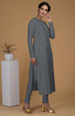 Grey Pure Matka Silk Jewel Neck Kurta Set