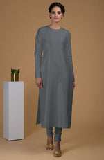 Grey Pure Matka Silk Jewel Neck Kurta Set