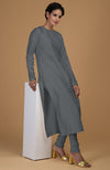 Grey Pure Matka Silk Jewel Neck Kurta Set