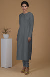 Grey Pure Matka Silk Jewel Neck Kurta Set