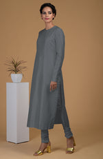 Grey Pure Matka Silk Jewel Neck Kurta Set