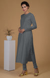 Grey Pure Matka Silk Jewel Neck Kurta Set