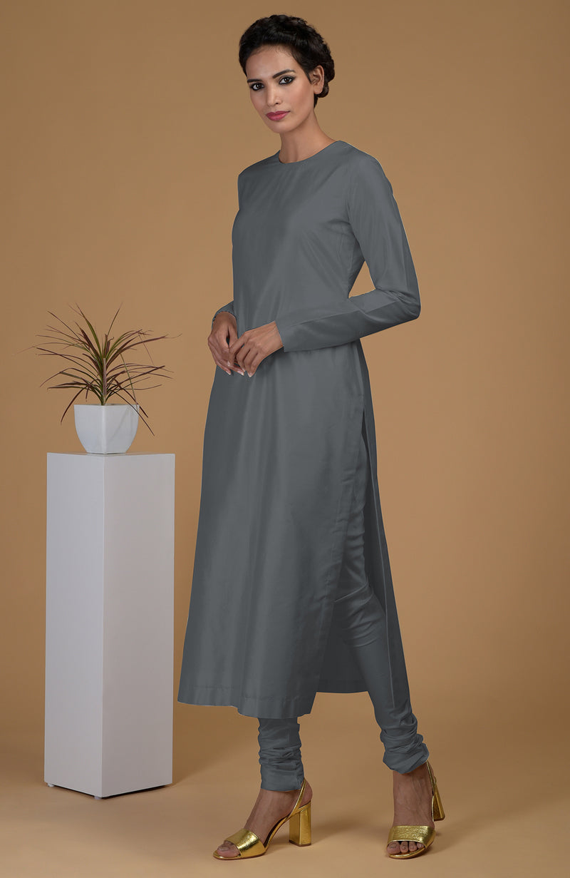 Grey Pure Matka Silk Jewel Neck Kurta Set