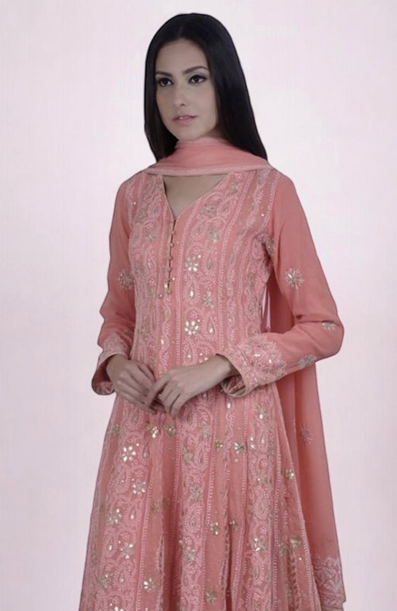 Coral Peach Lucknowi Chikankari and Gota Patti Hand Embroidered Anarkali Set