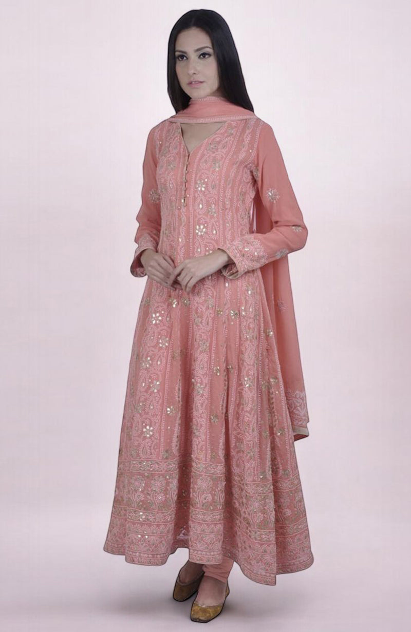 Coral Peach Lucknowi Chikankari and Gota Patti Hand Embroidered Anarkali Set